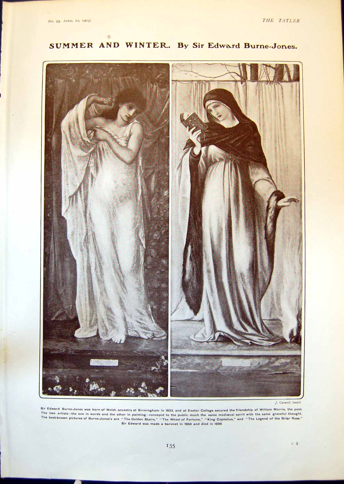 Antique Old Print Summer Winter Ladies Sir Edward Burne-Jones Born 1833 1903
