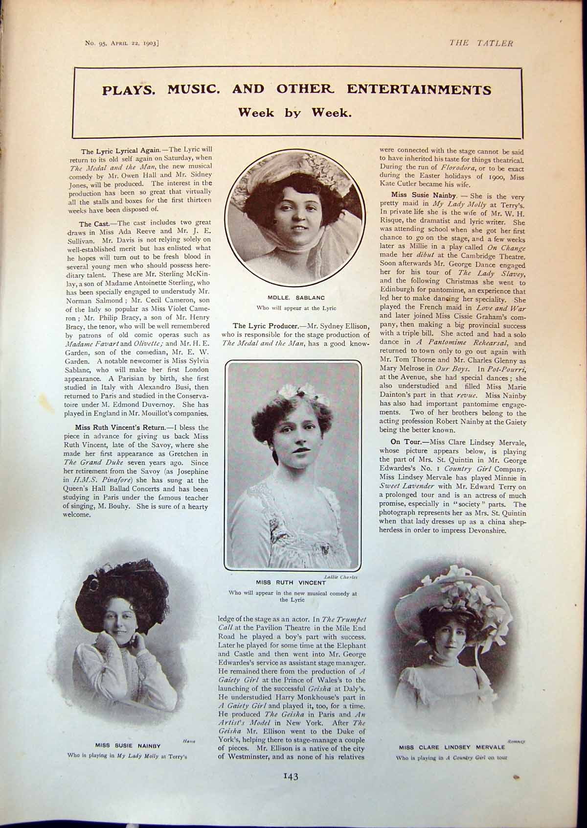 Old Print Susie Nainby Clare Mervale George Edwardes Daughters Maids 1903 20th