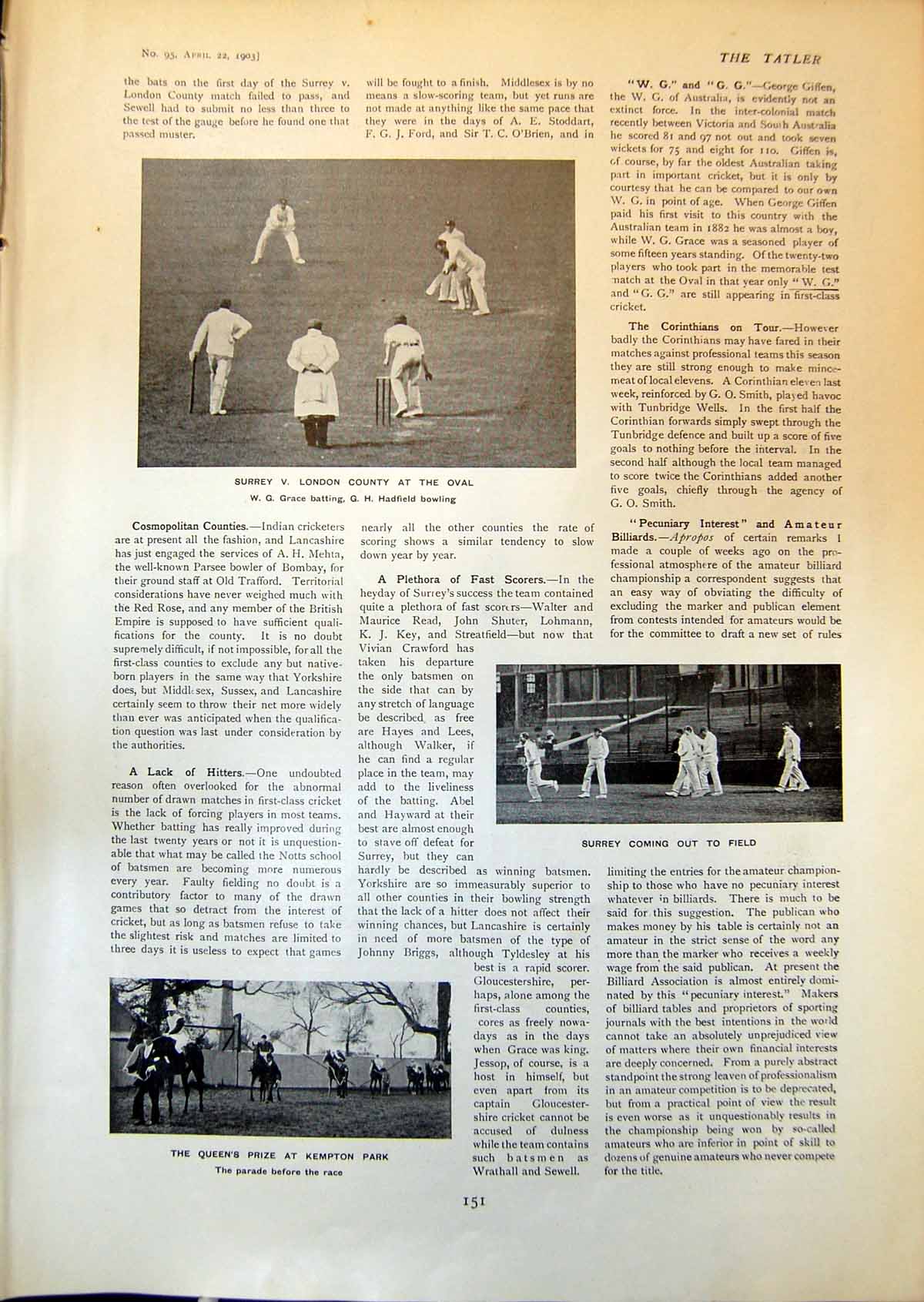 Old Cricket Surrey V London Oval Queens Prize Kempton Park Horses 190 Victorian