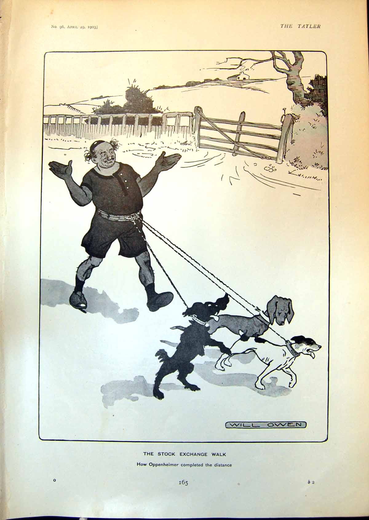 Antique Old Print Humour Will Owen Stock Exchange Walk Oppenheimer Dogs 1903
