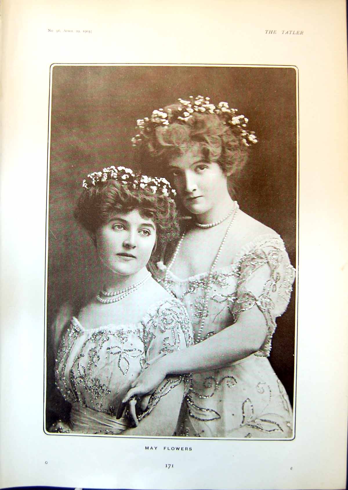 Antique Print May Flowers Two Young Women Pretty Dresses Flowers Hair 1903 20th