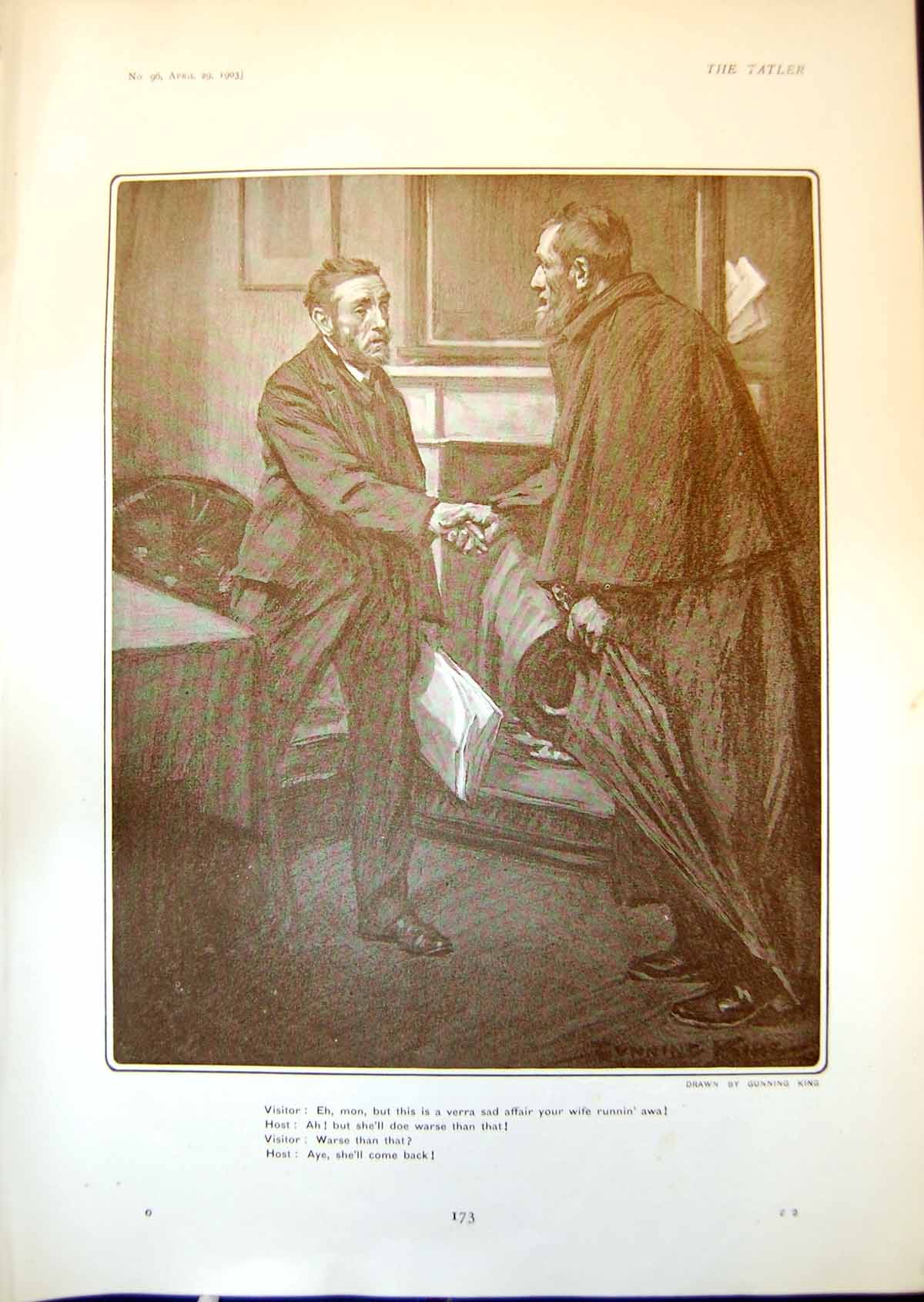 Old Antique Print Humour Visitor Host Wife Running Away Gunning King 1903 20th