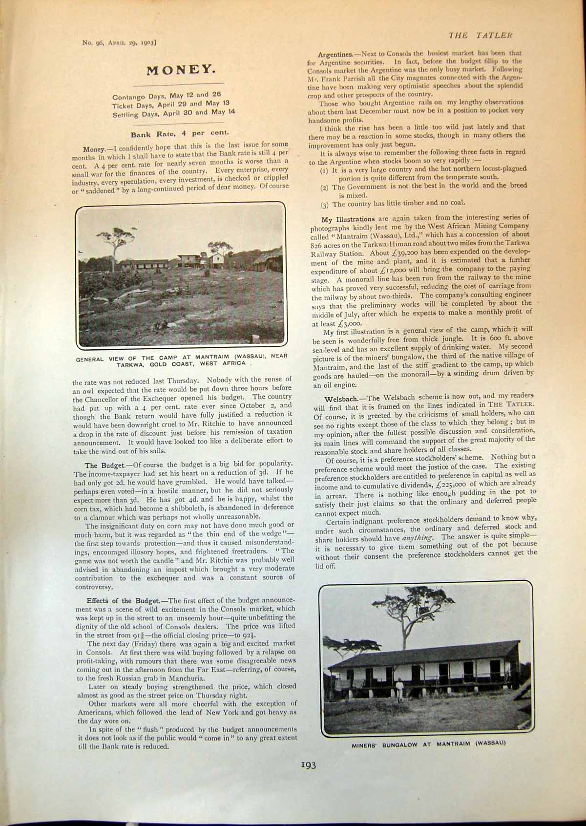 Antique Old Print Camp Mantraim Wassau GCoast West Africa Native Village 1903