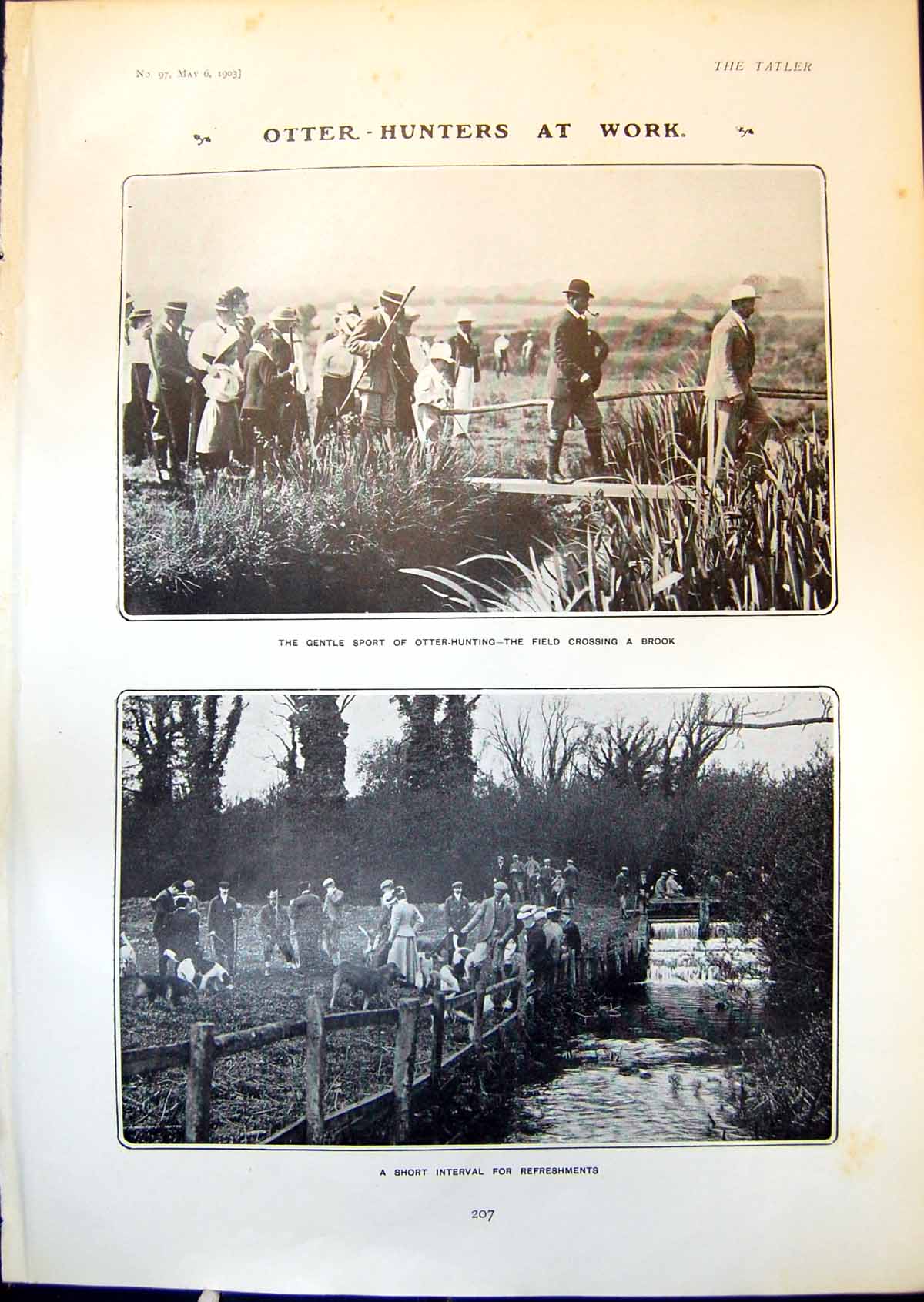 Antique Print Otter Hunting Field Crossing Brook Interval Refreshments 1903