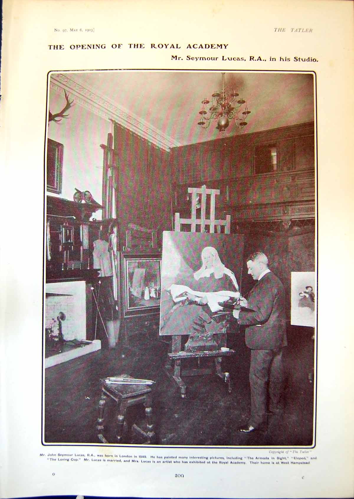 Old Antique Print Opening Royal Academy Seymour Lucas R A In Studio 1903 20th