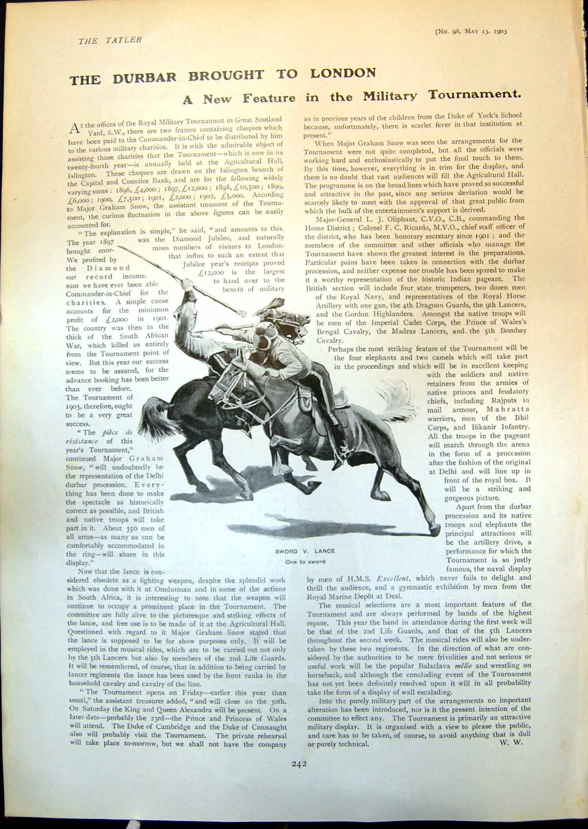 Original Old Antique Print Durbar London Military Tournament Sword V Lance 1903