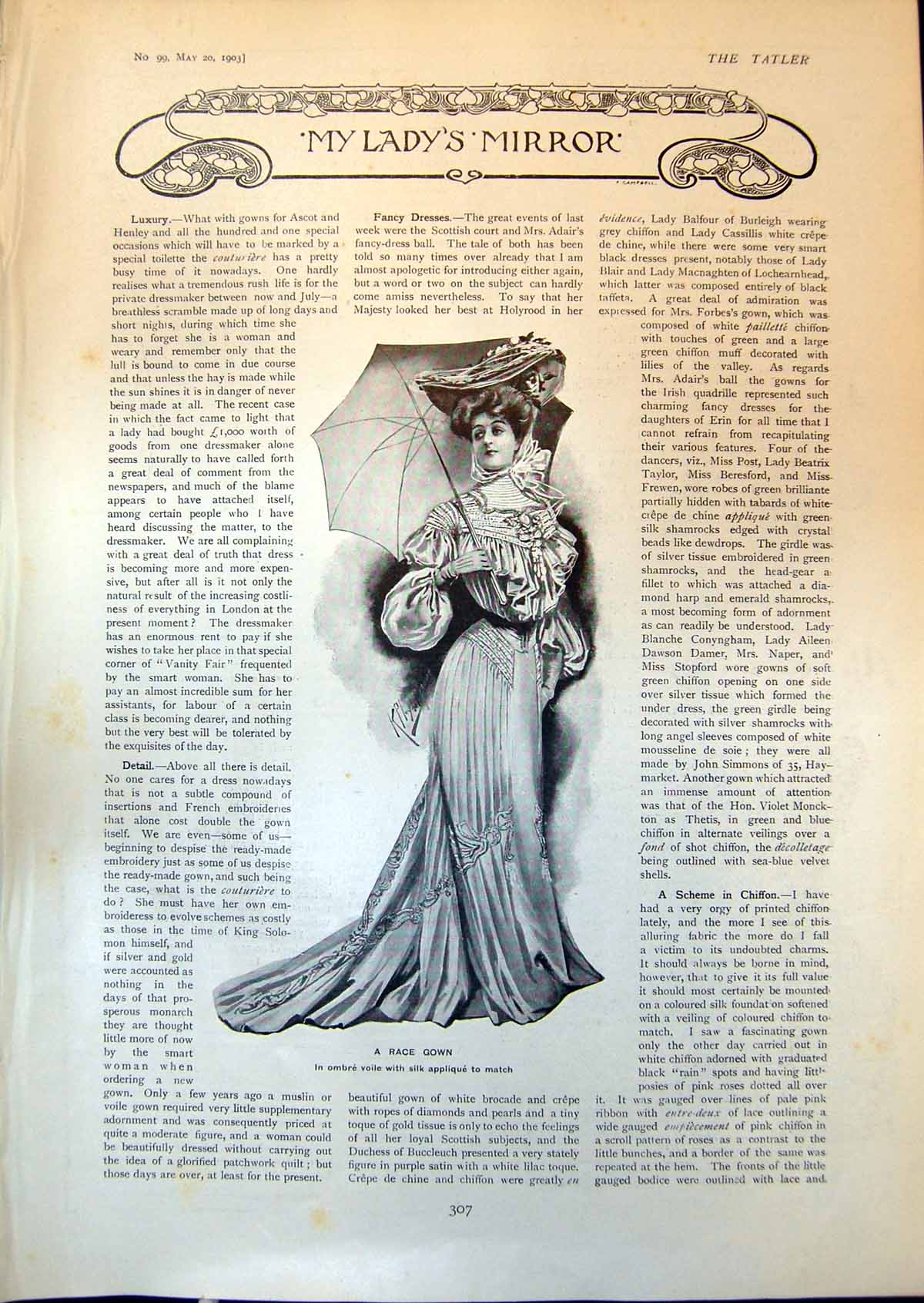 Antique Print Race Gown Queen Anne Bureau Carved Armchair William Mary 1903