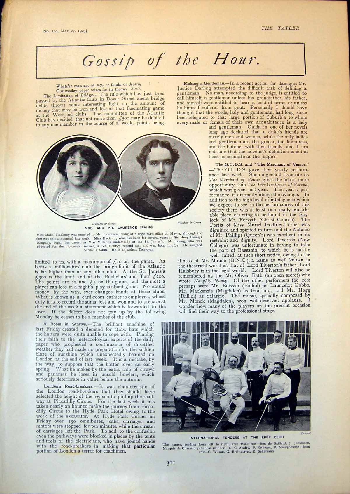 Antique Old Print Mr Mrs Laurence Irving Fencers Epee Club Course Epsom 1903