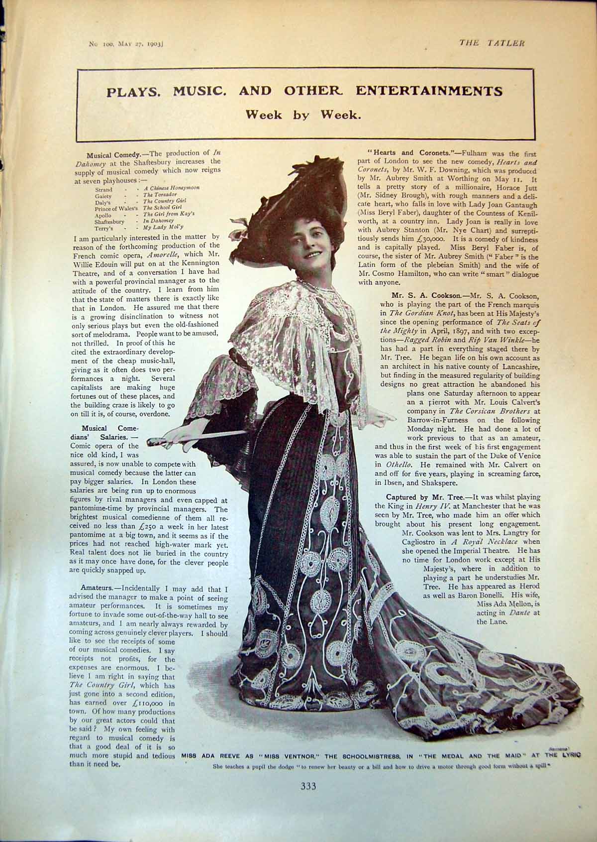Old Print Ada Reeve Medal Maid Vivian Reyns Ethel Warwick Will Cook 1903 20th