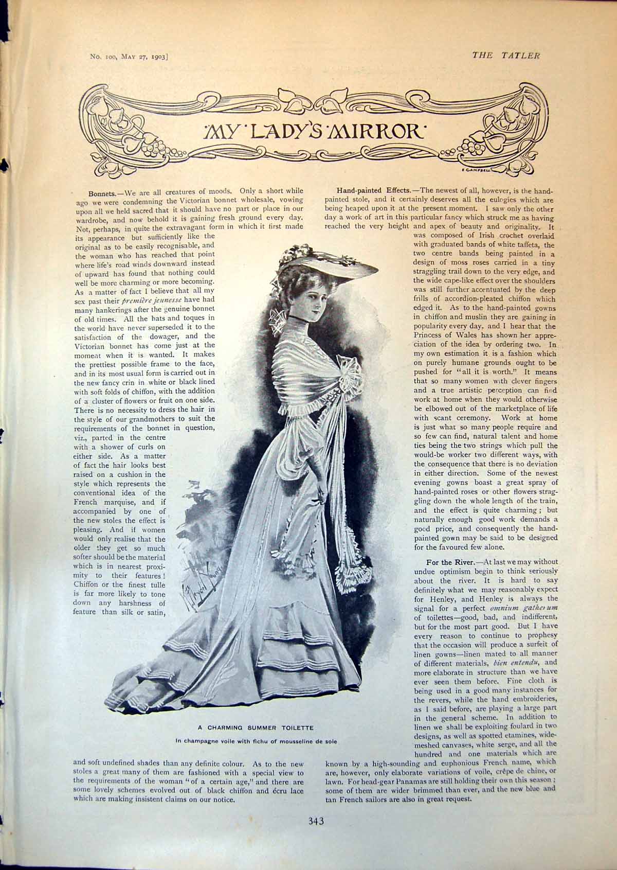 Antique Old Print Summer Toilette Millinery Stoles Diamond Pearl Tiara 1903