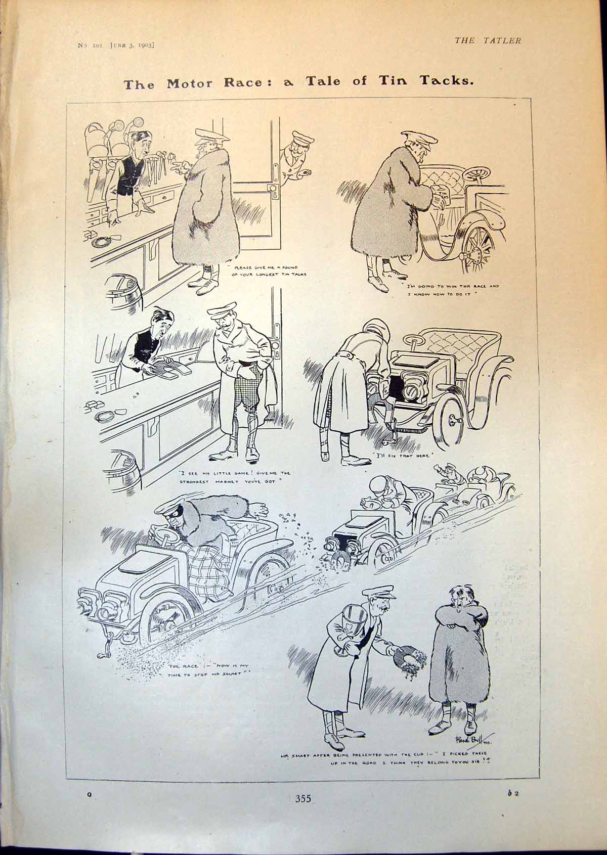 Old Print Motor Race Tale Tin Tacks Cricket Lancashire Sidney Barnes 1903 20th