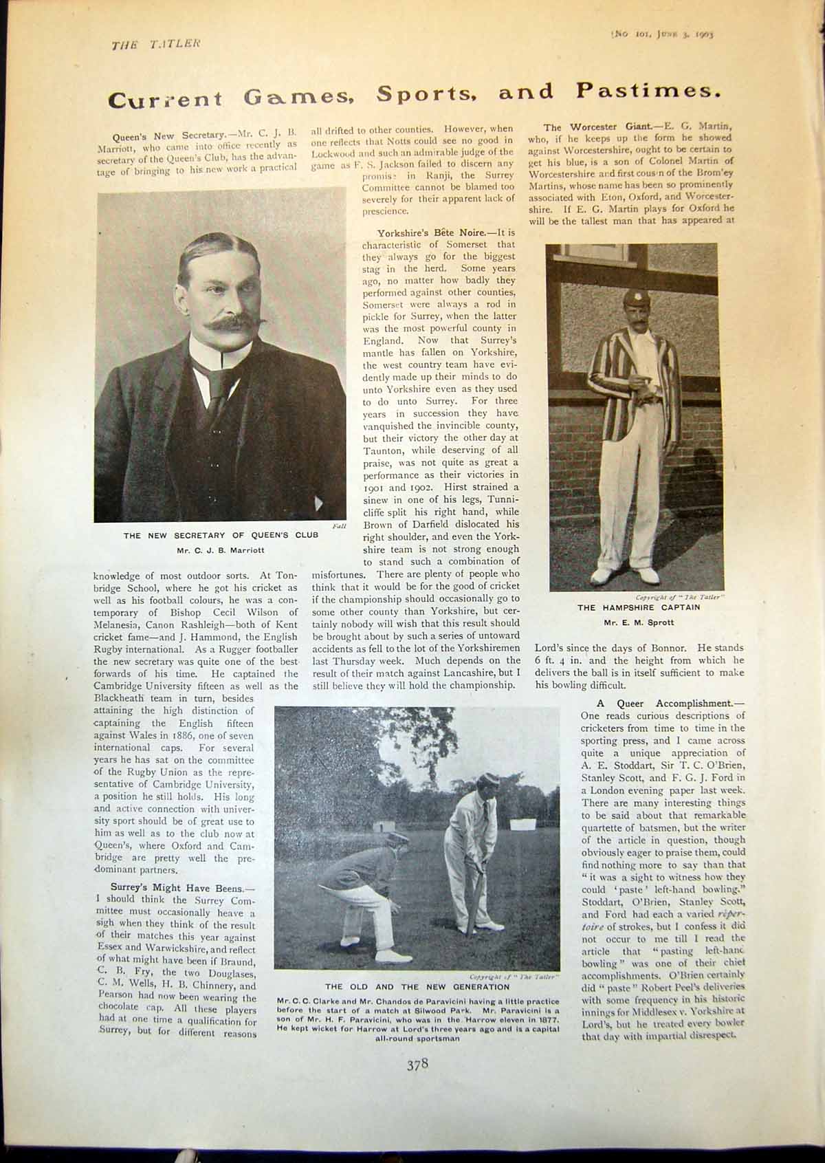 Old Cricket C Marriott E Sprott C Clarkr De Paravicini Massage Art 19 20th