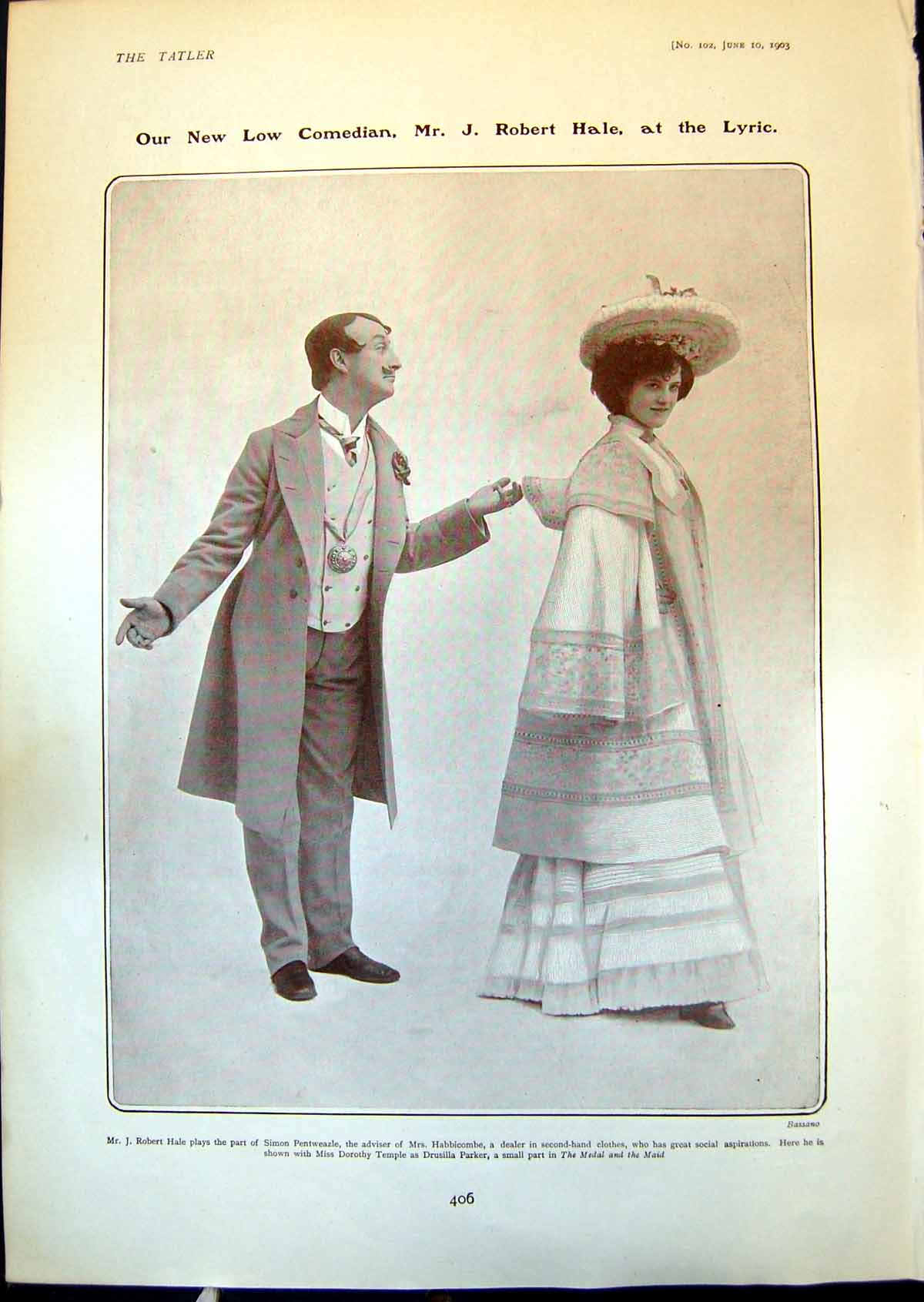 Old Print Comedian J Robert Hale Lady Beatrice Pole-Carews Baby Son 1903 20th