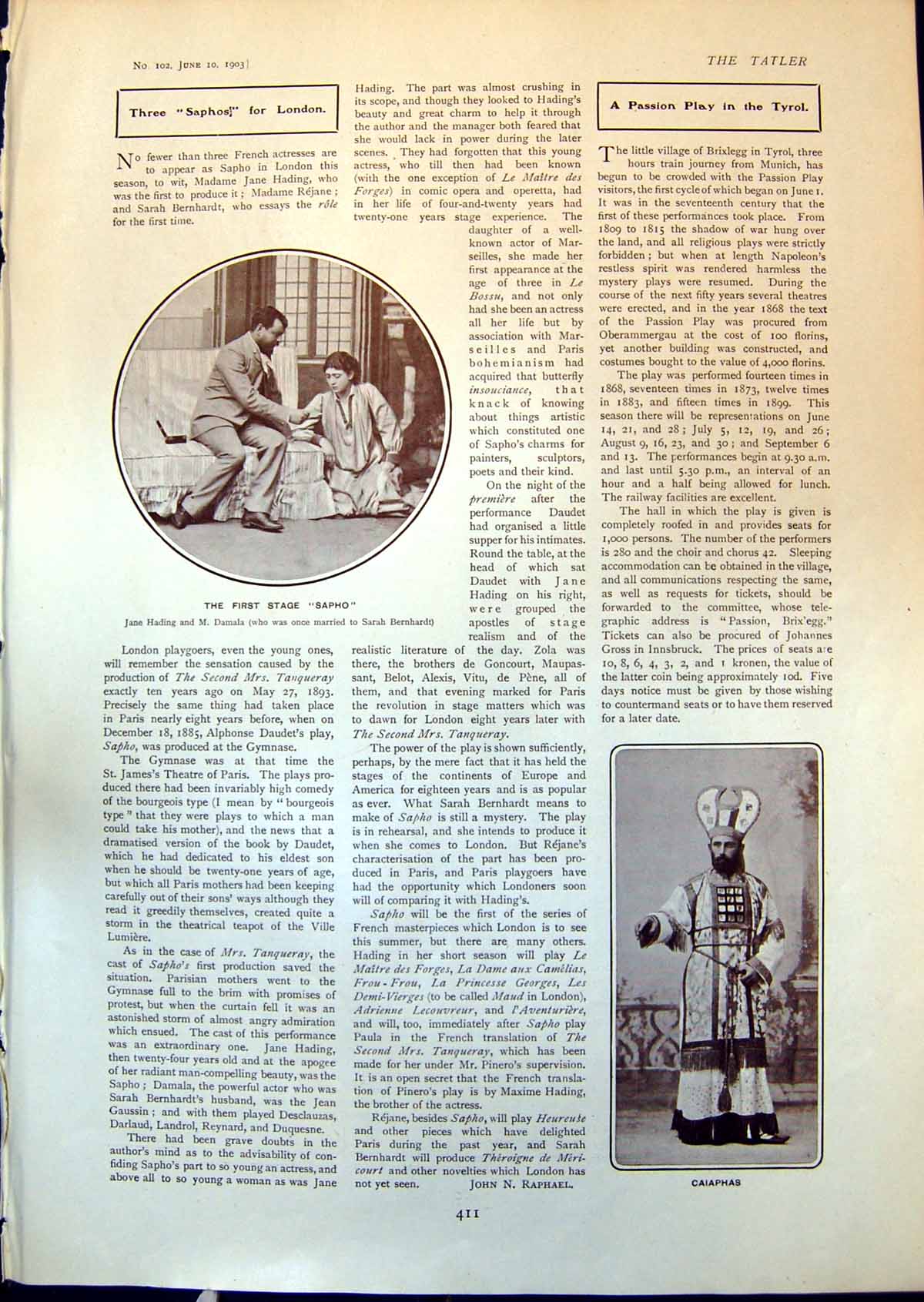 Old Sapho Jane Hading M Damala Caiaphas Magpie Madrigal Soc Invite 19 20th
