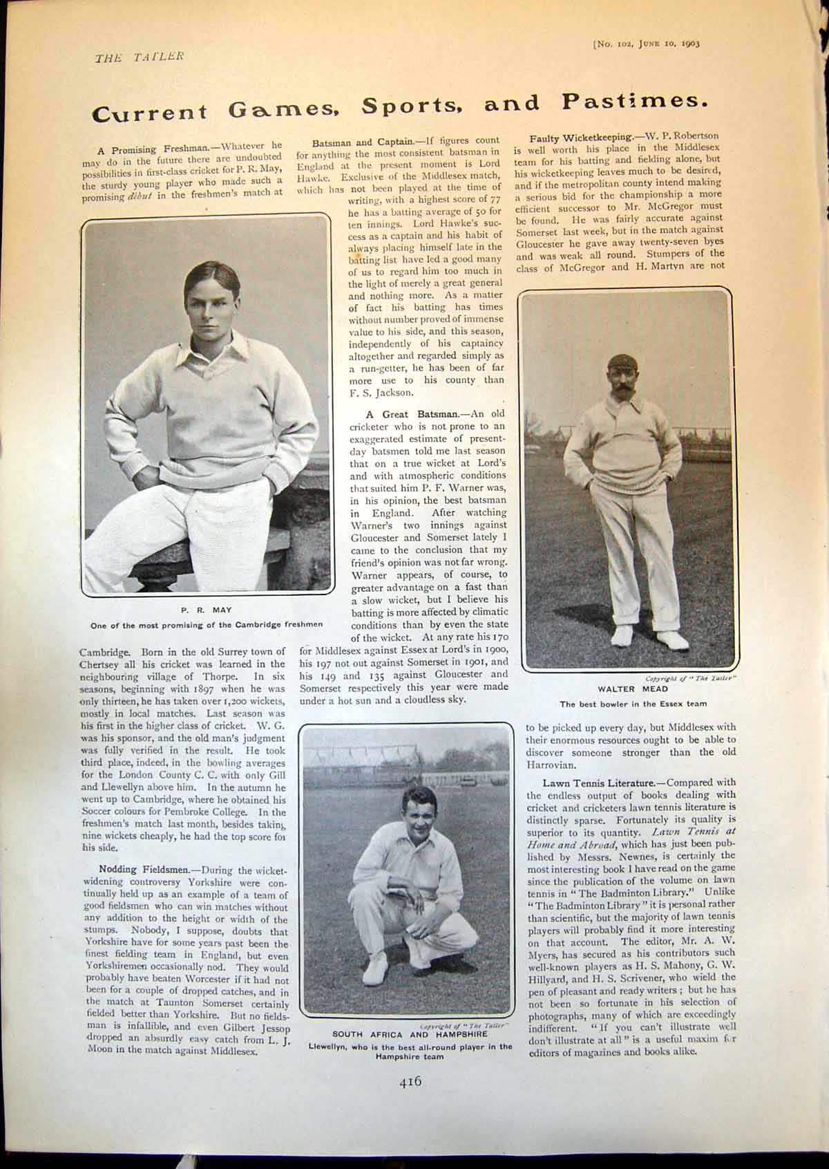 Antique Print Cricket P May Walter Mead Llewellyn Winner Bradford Walk 1903
