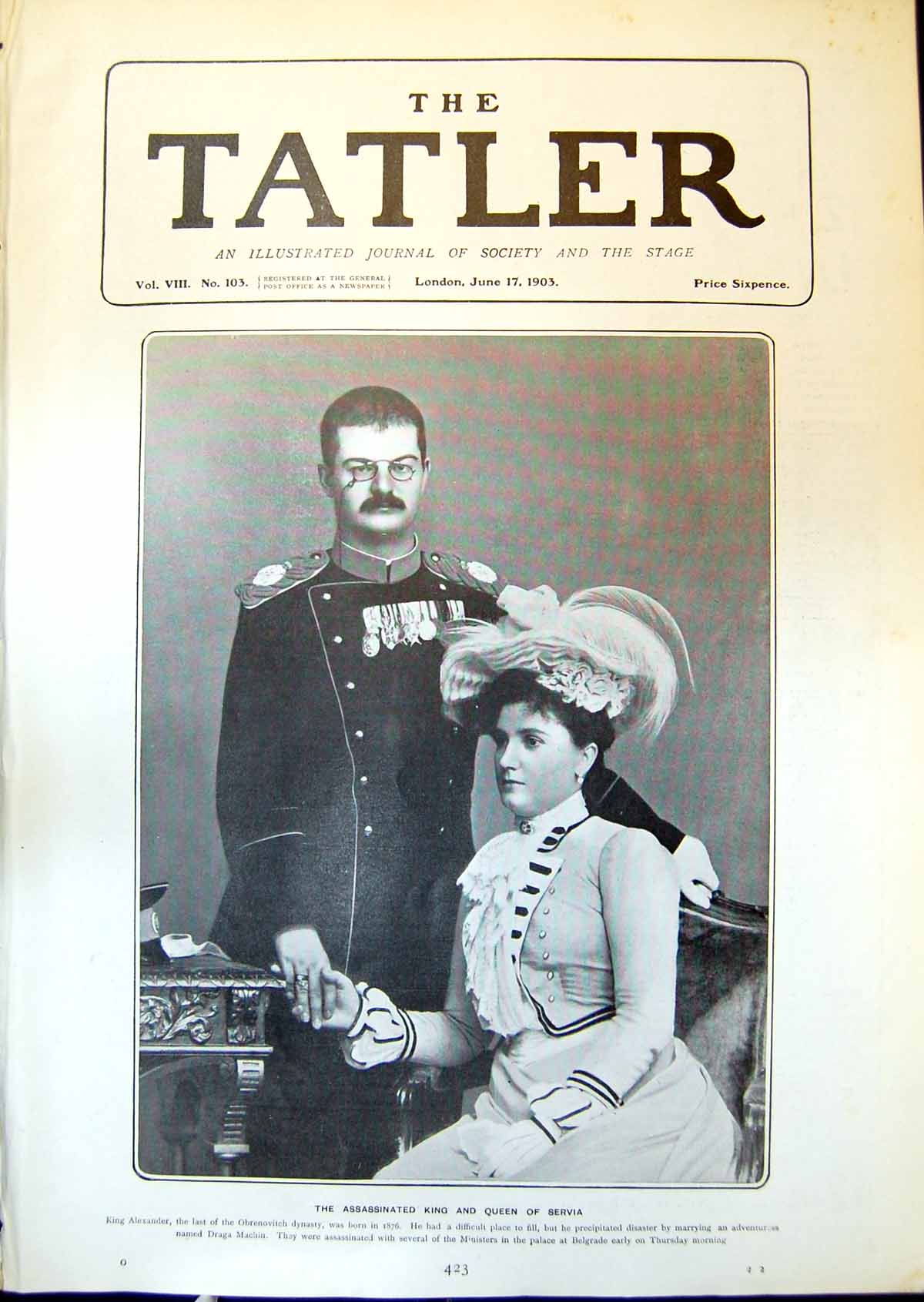 Antique Old Print Assasinated King Queen Servia Alexander Obrenovitch 1903 20th