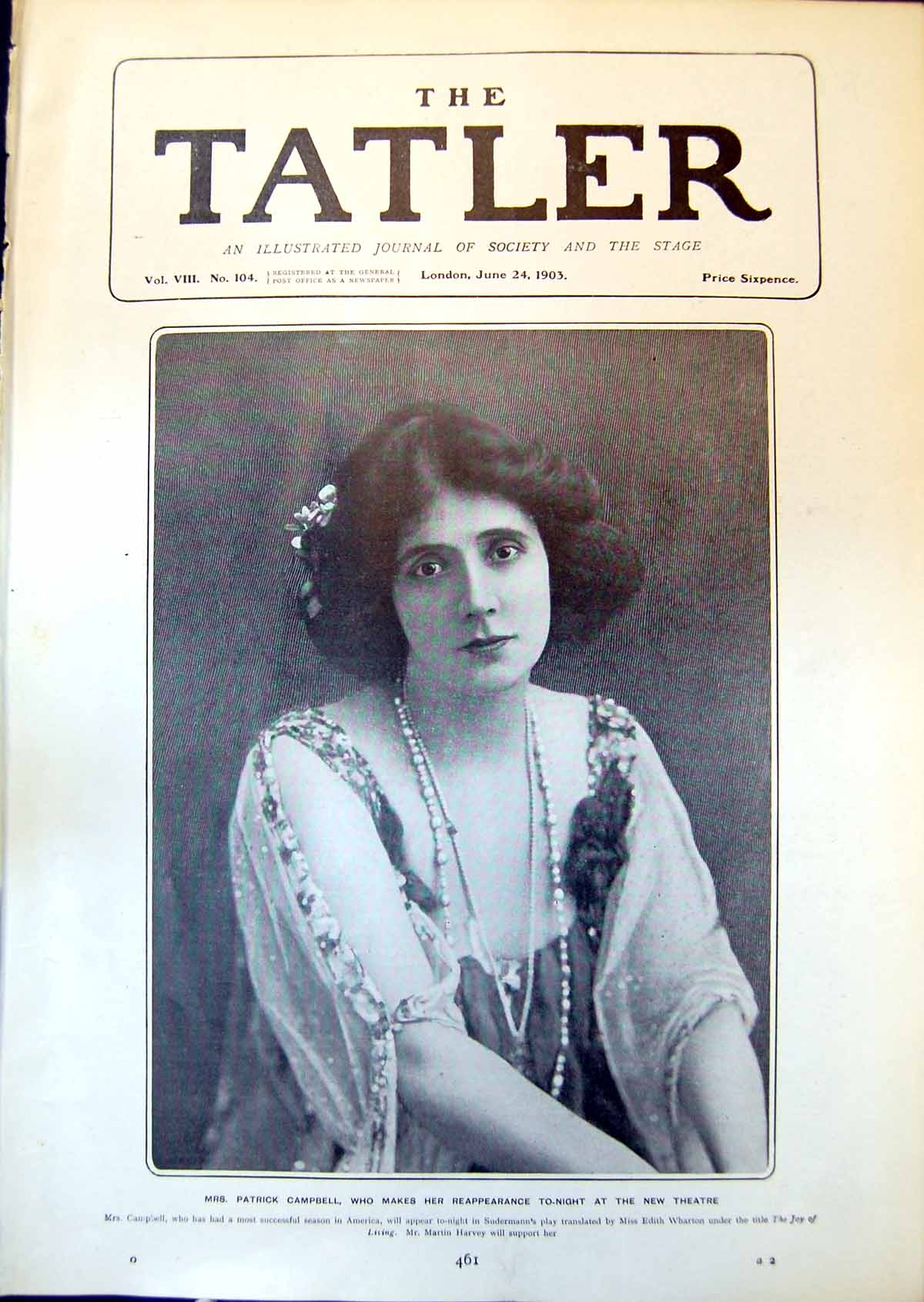 Antique Print Mrs Patrick Campbell Reappearance New Theatre Joy Living 1903