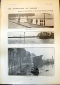 Antique Old Print Inundation London Ealing Common Hackney Marshes Lake 1903