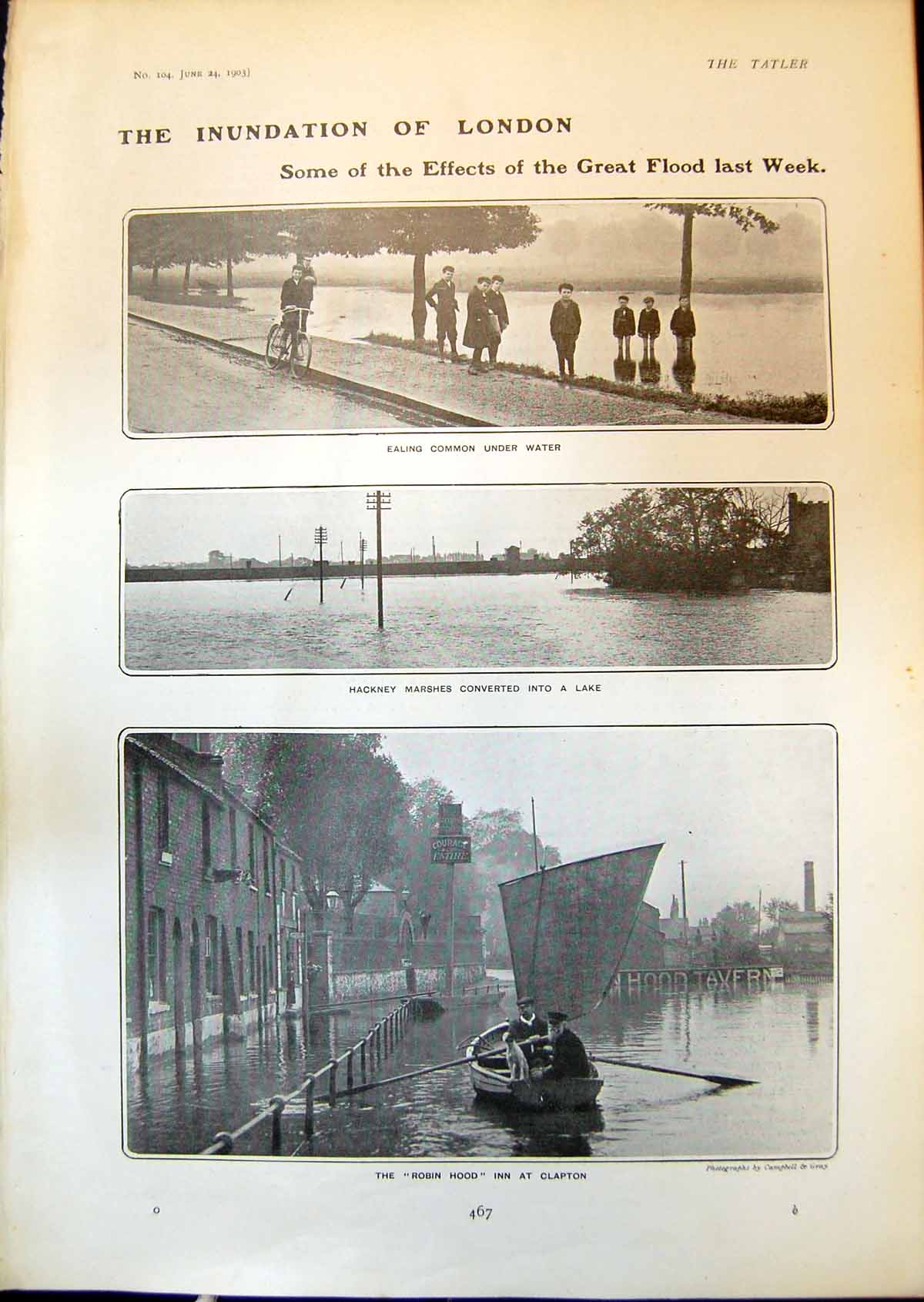 Antique Old Print Inundation London Ealing Common Hackney Marshes Lake 1903