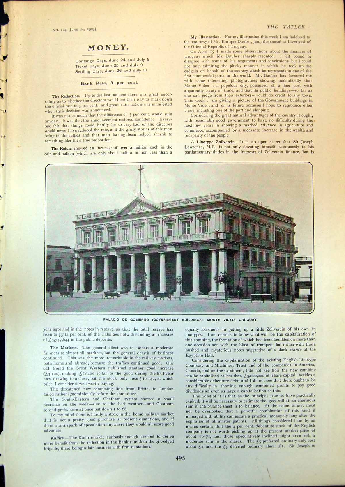 Old Print Palacio Gobierno Government Buildings Monte Video Uruguay 1903 20th