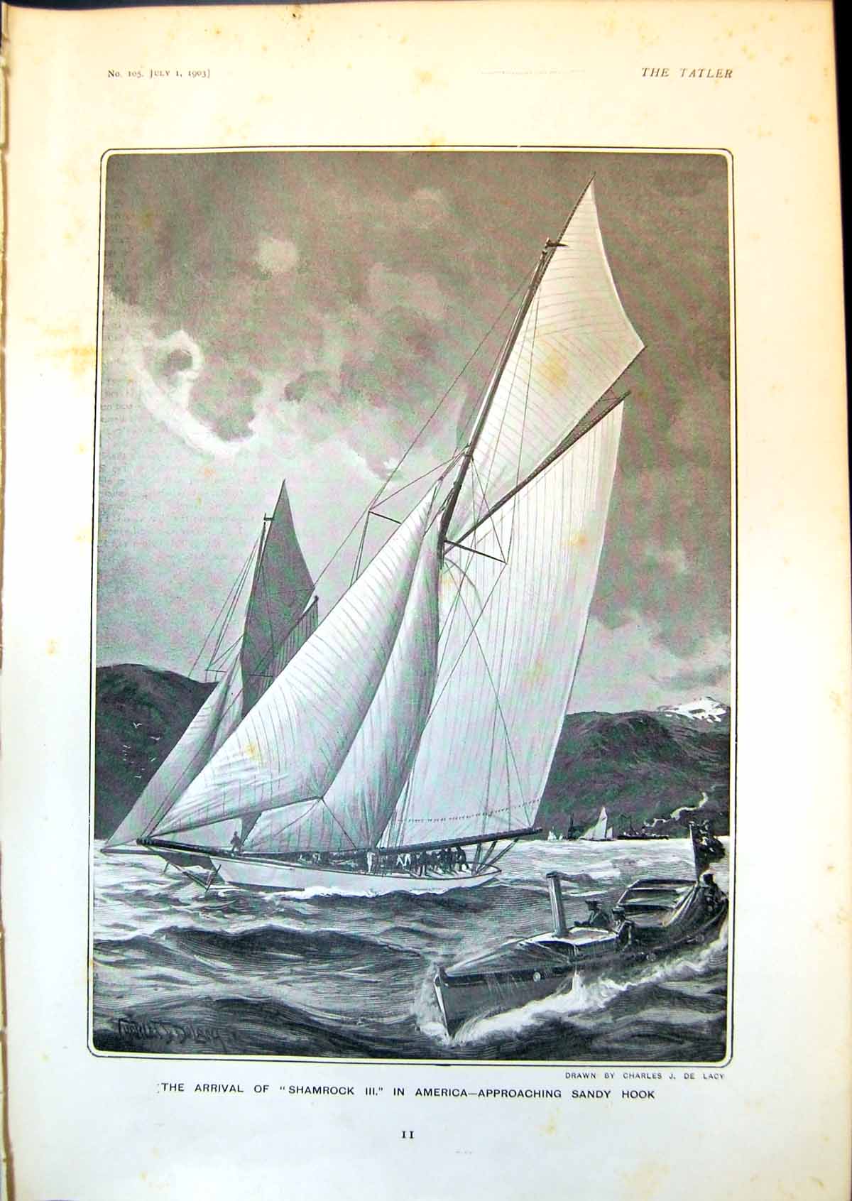 Old Antique Print Arrival Shamrock 111 America Golf Tom Miss Glover 1903