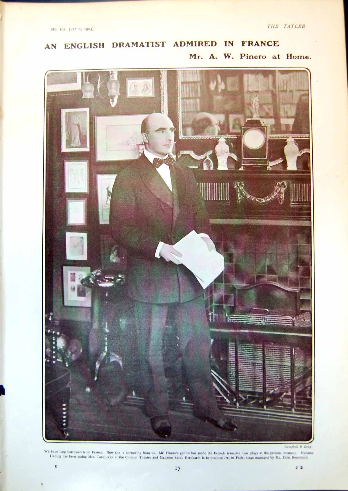 Antique Old Print English Dramatist Admired France Mr A W Pinero Home 1903 20th