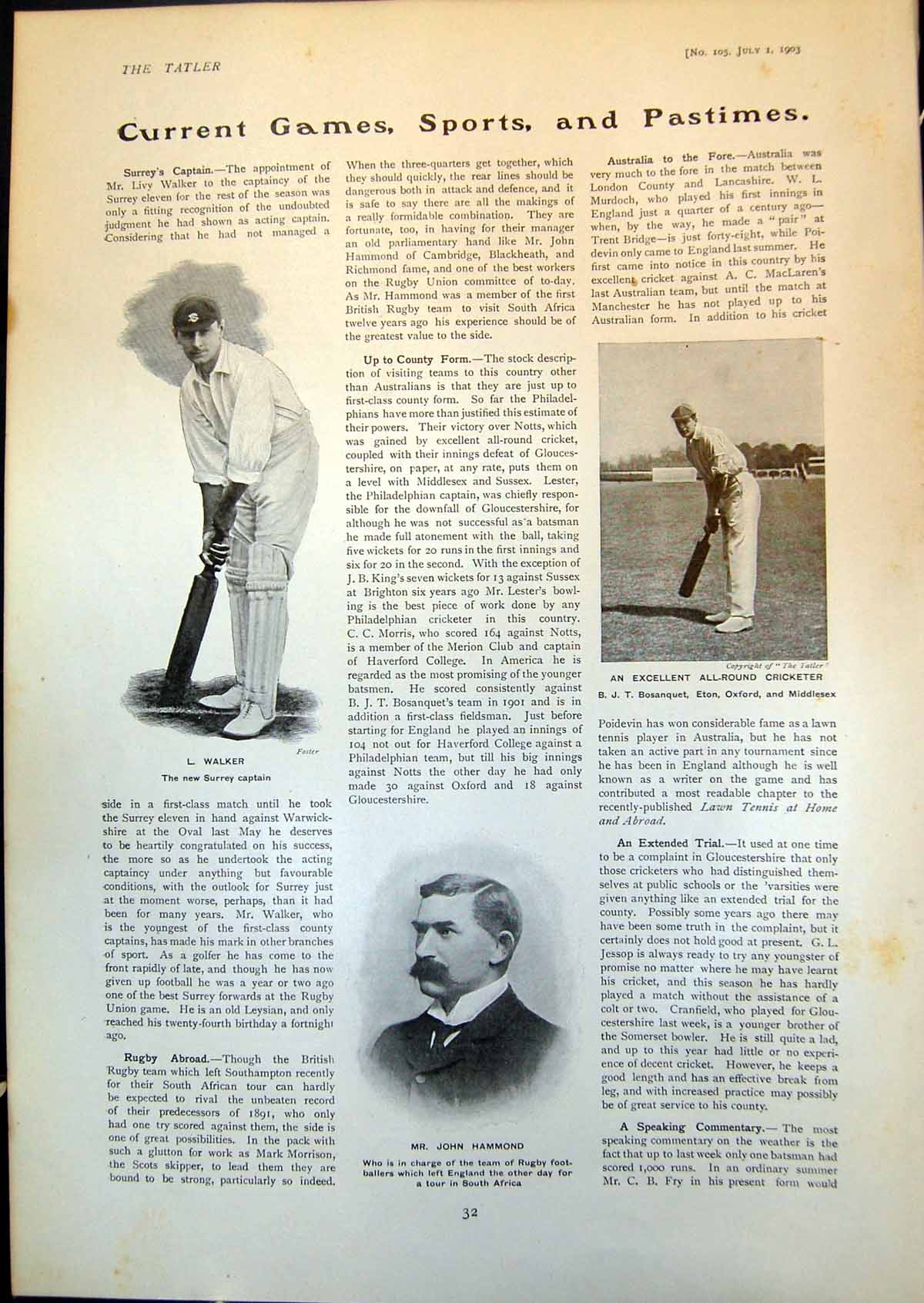 Antique Old Print Cricket L Walker B Bosanquet John Hammond Milking Cow 1903