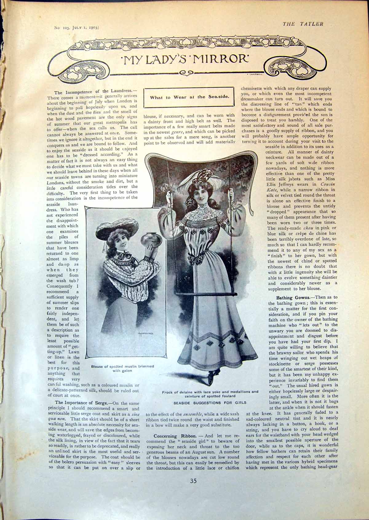 Antique Old Print Ladies Mirror Blouse Frock Seaside Bathing Gown Corset 1903