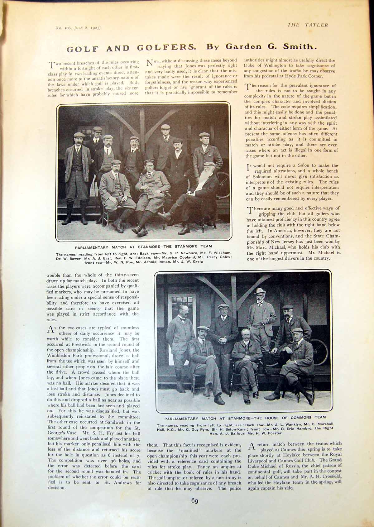 Old Golf Parliamentary Match Stanmore K Nicholl R Baily P Warner 1903 20th