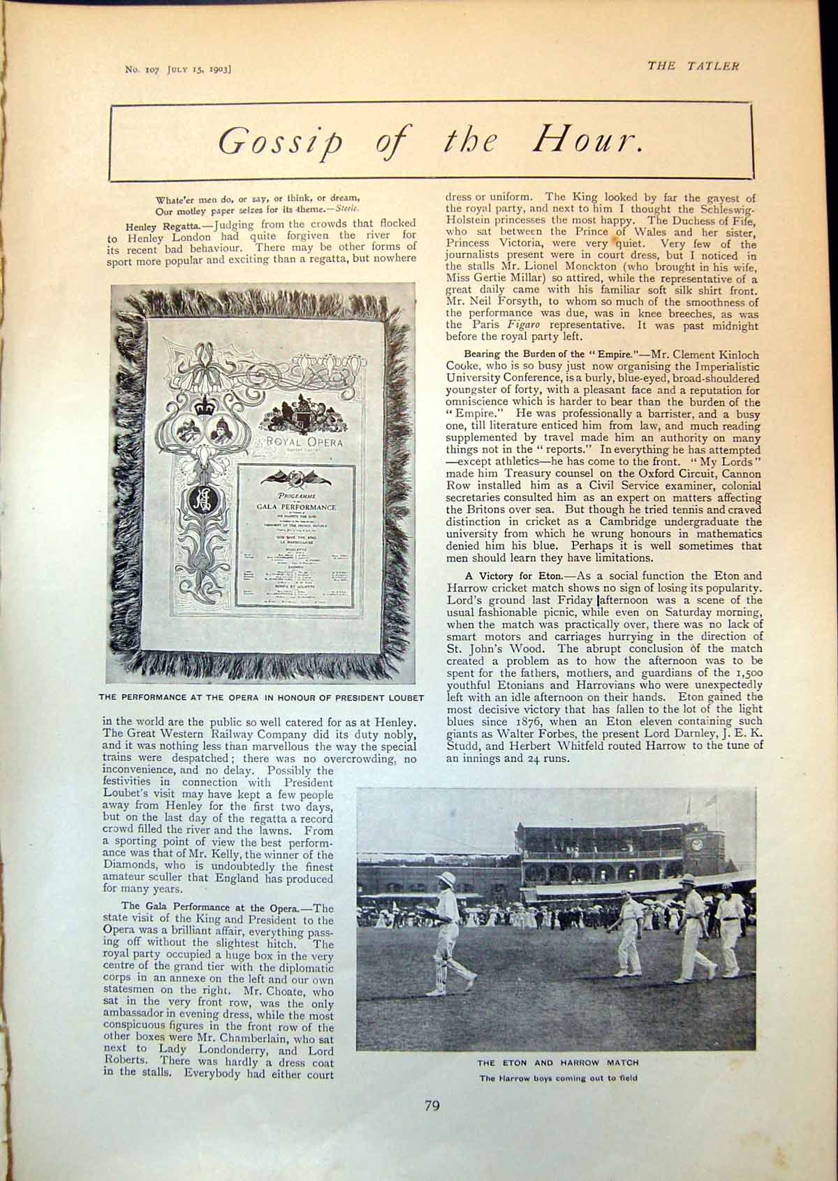 Antique Old Print Opera Programme Pres Loubet Eton Harrow Match Relance 1903