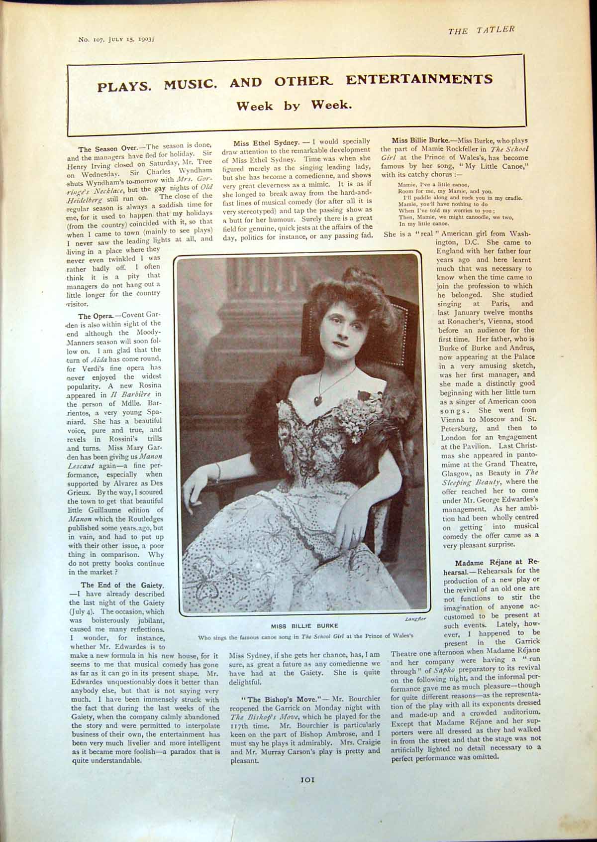 Old Print Miss Billie Burke Madame Blauvelt Cooper Cliffe Lulu Valli 1903 20th