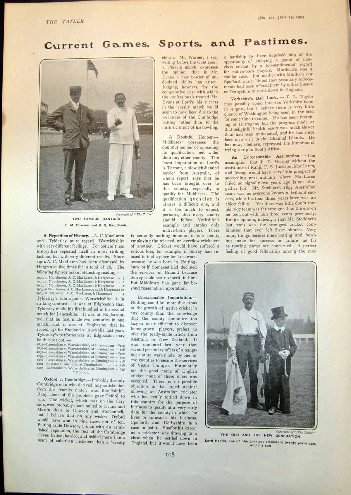 Old Famous Cantabs E Dowson K Ranjitsinhji Lord Harris Cricketer Son1