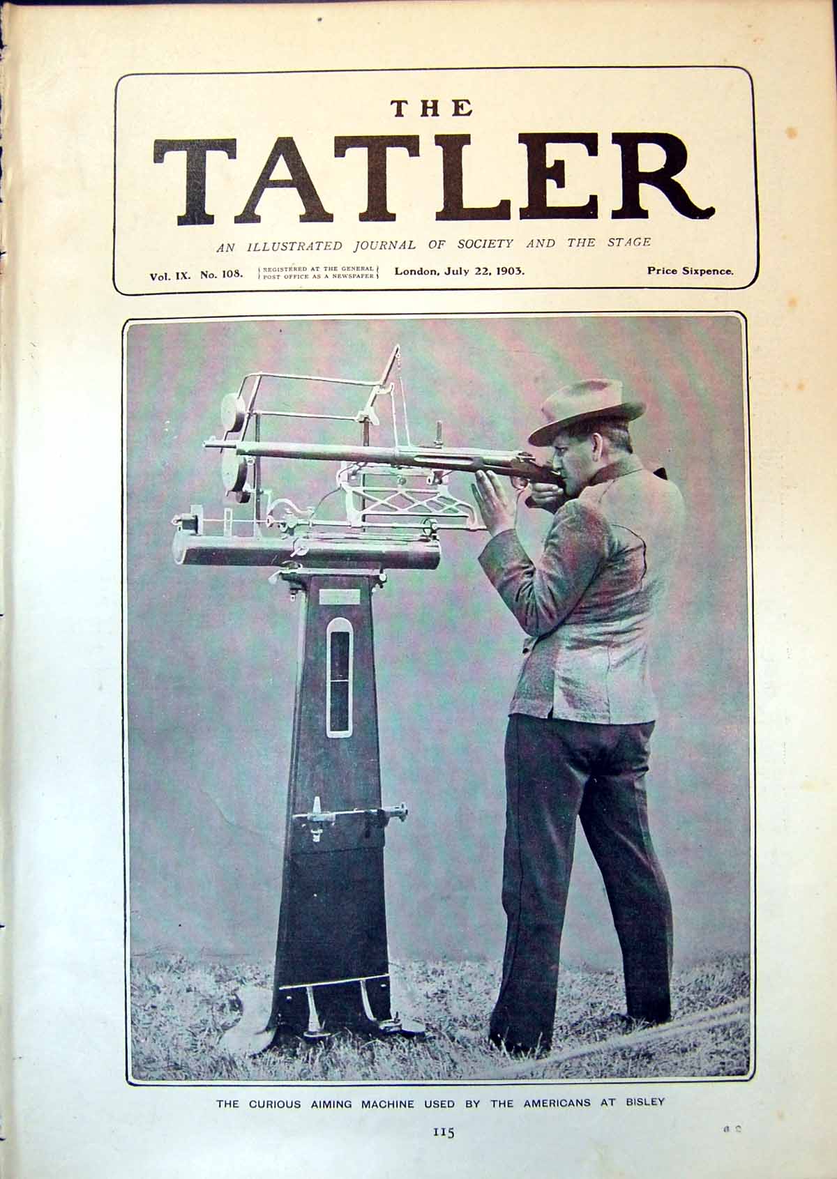 Original Old Antique Print Curious Aiming Machine Used By Americans Bisley 1903
