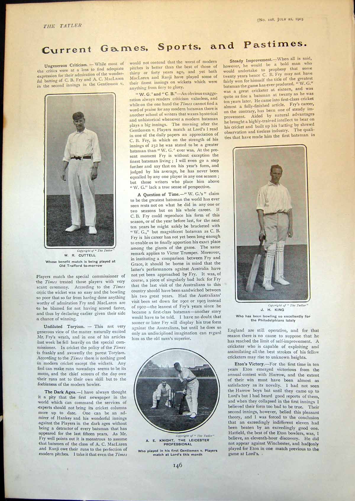 Old Cricket W Cuttell Jh King Ae Knight Boulters Lock Penton Hook 190 Victorian