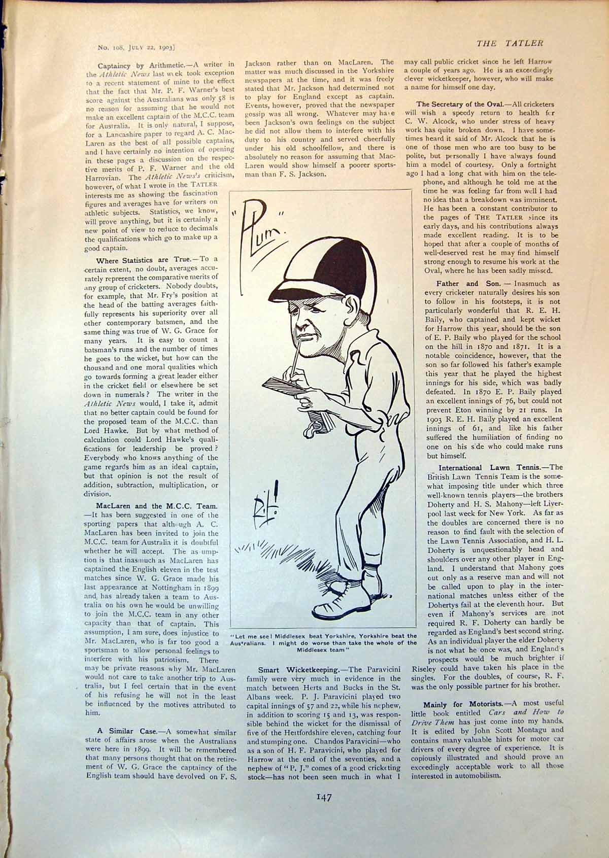 Original Old Antique Print Plum Man Cap Notebook Might Take Middlesex Team 1903