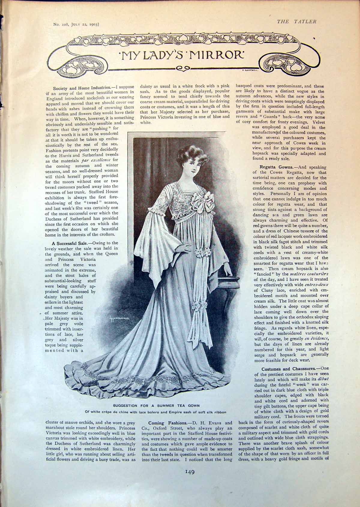 Antique Print Summer Tea Gown Diamond Hair Comb Pearl Diamond Earrings 1903