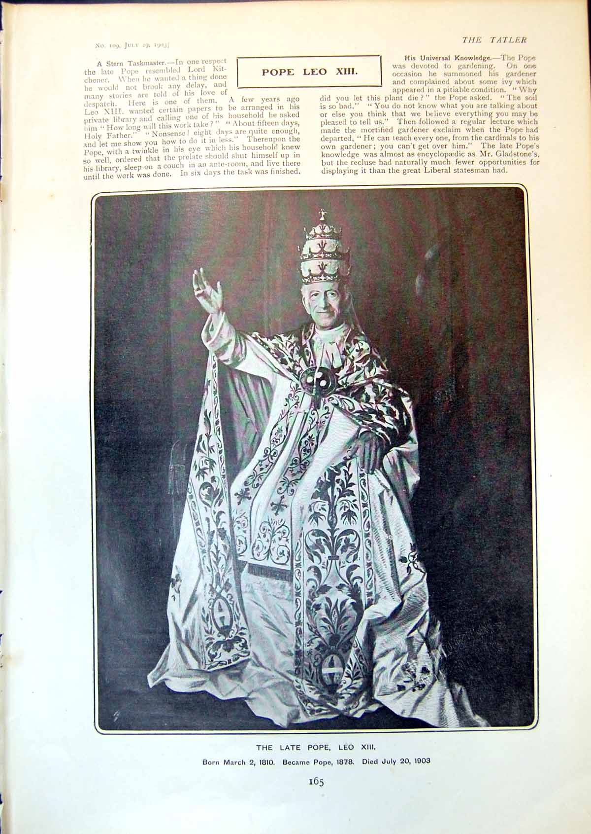 Antique Antique Print Late Pope Leo X111 Born 1810 Became Pope 1878 Died 1903 165Q009