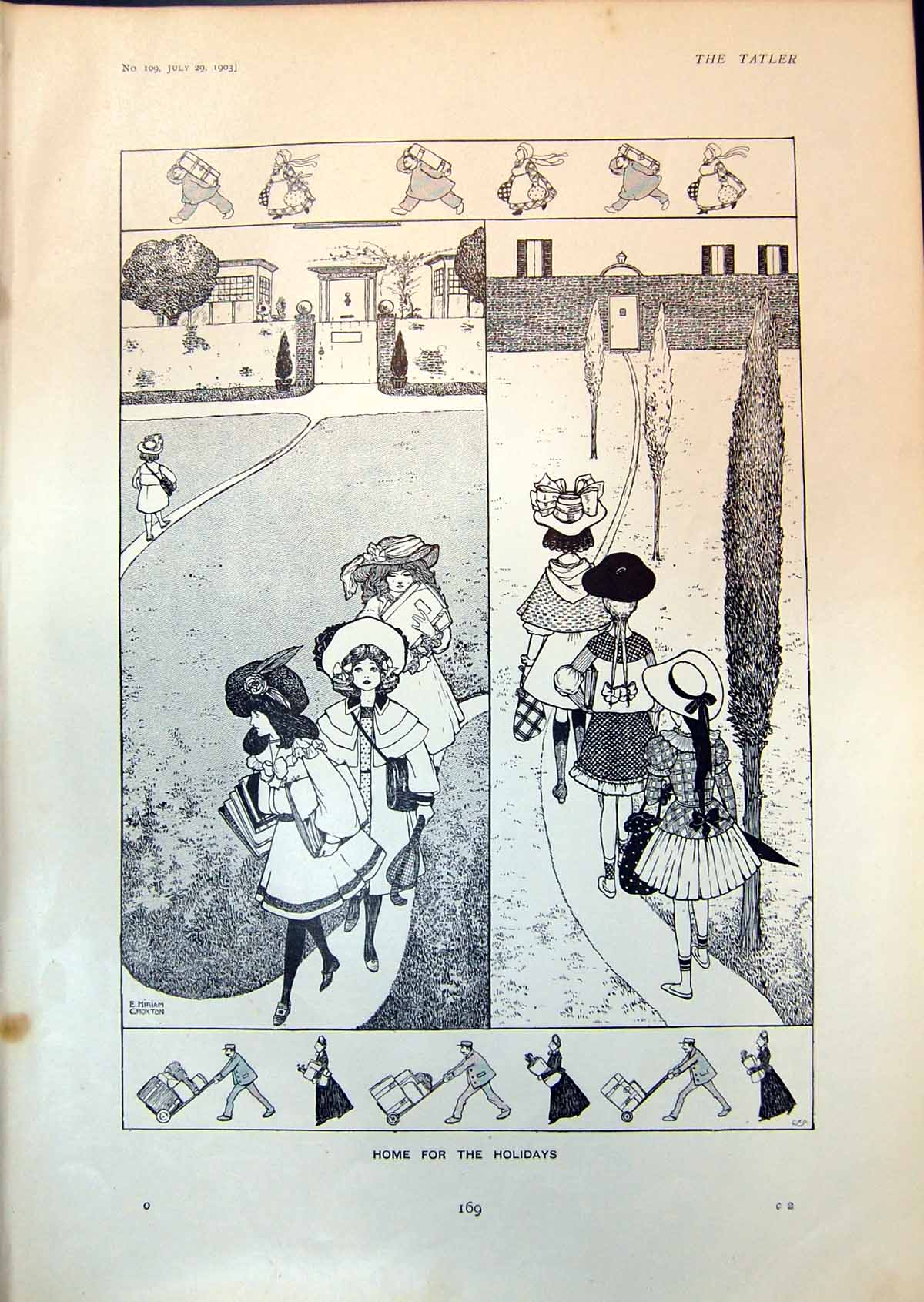 Original Old Antique Print Home For Holidays Girls Books Racket Men Cases 1903