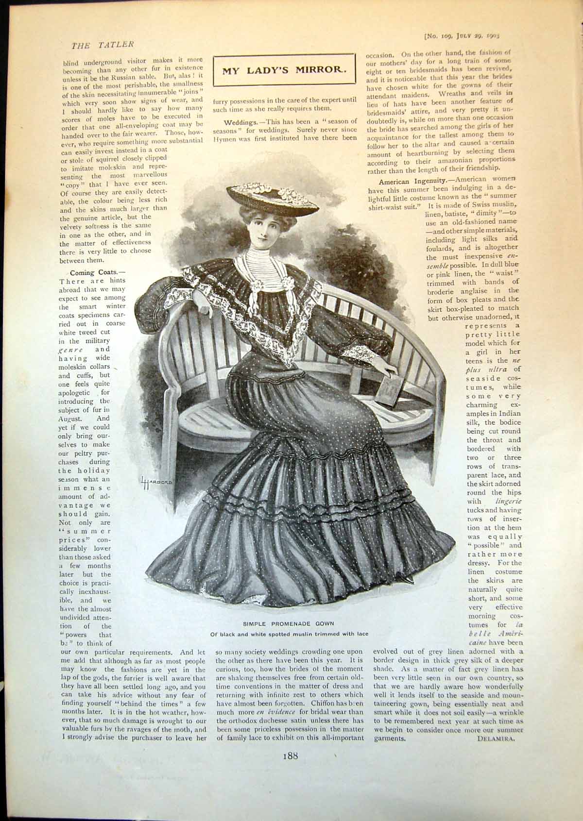 Antique Old Print Ladys Mirror Simple Promenade Gown Parisian Toilette 1903