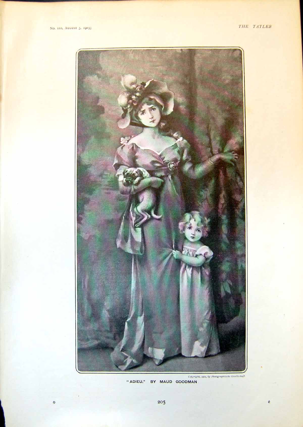 Antique Print Adieu Maud Goodman Young Woman Small Girl Puppy In Arms 1903 20th