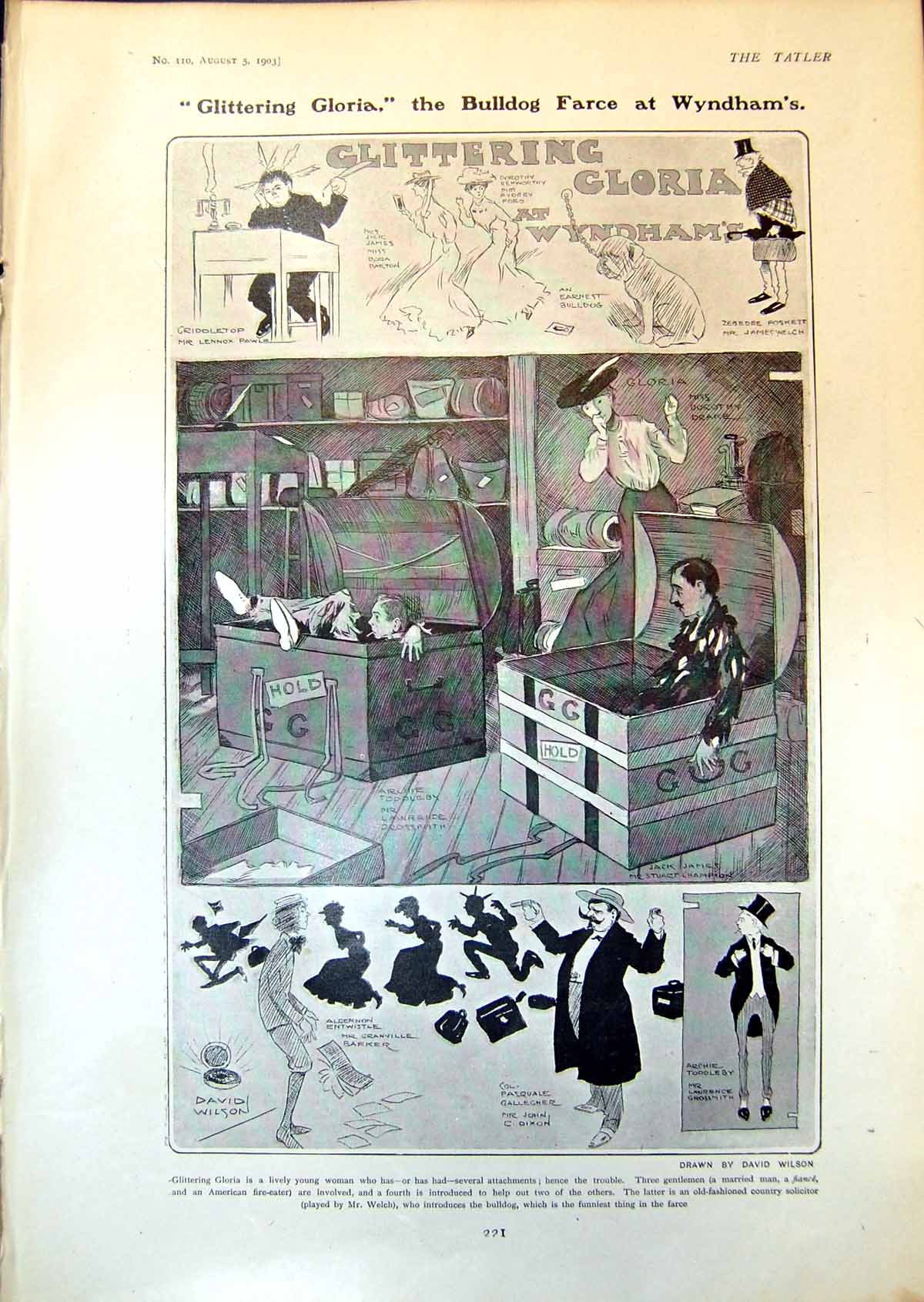 Original Old Antique Print Glittering Gloria Bulldog Farce Wyndhams 1903 20th