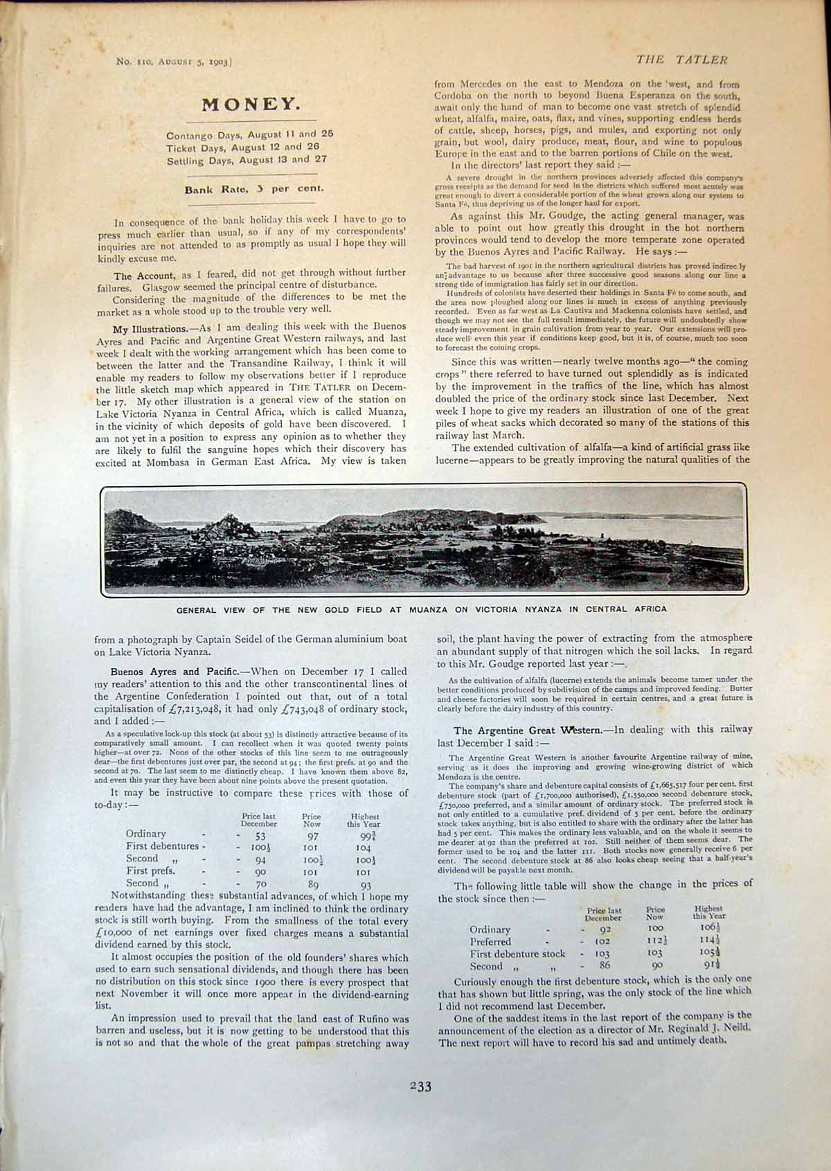 Antique Print New GField Muanza Africa Map Argentine Chilian Railways 1903 20th