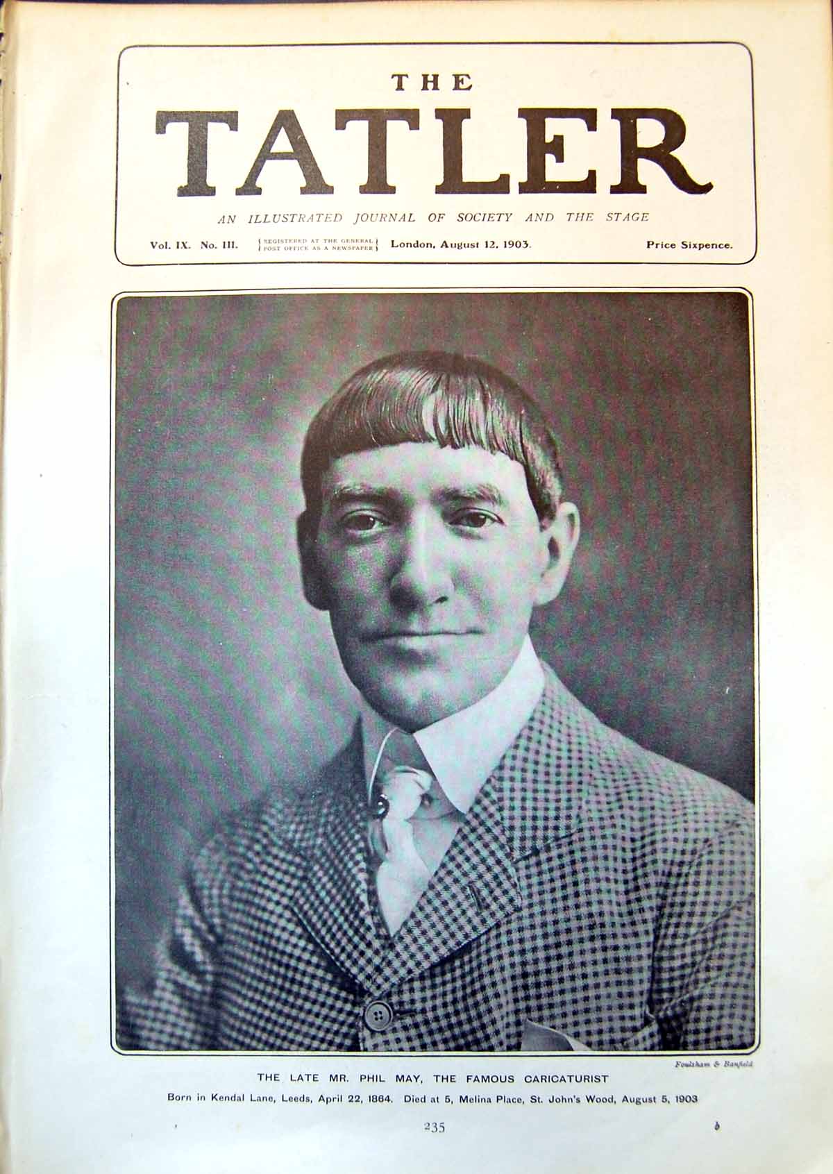 Antique Old Print Late Mr Phil May Famous Caricaturist Born 1864 Died 1903 19th