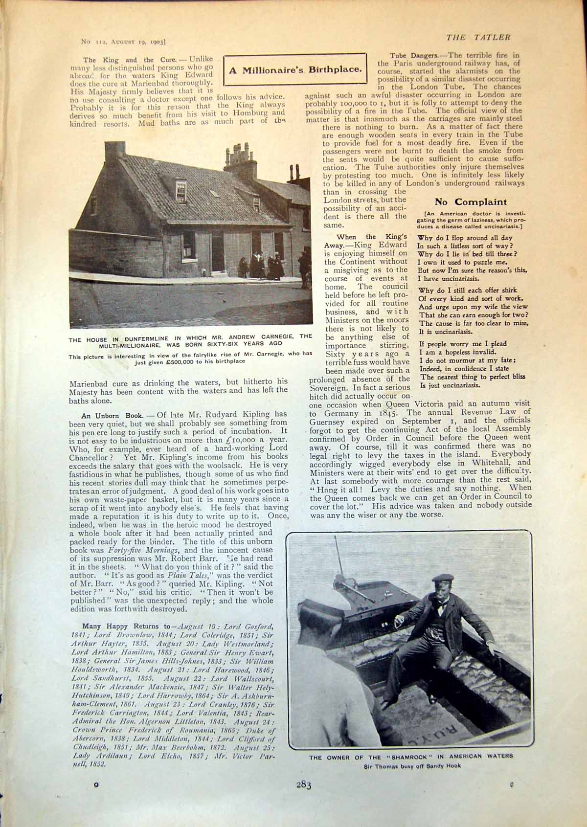 Antique Print House Andrew Carnegie Born Owner Shamrock Captain Elers 1903 20th