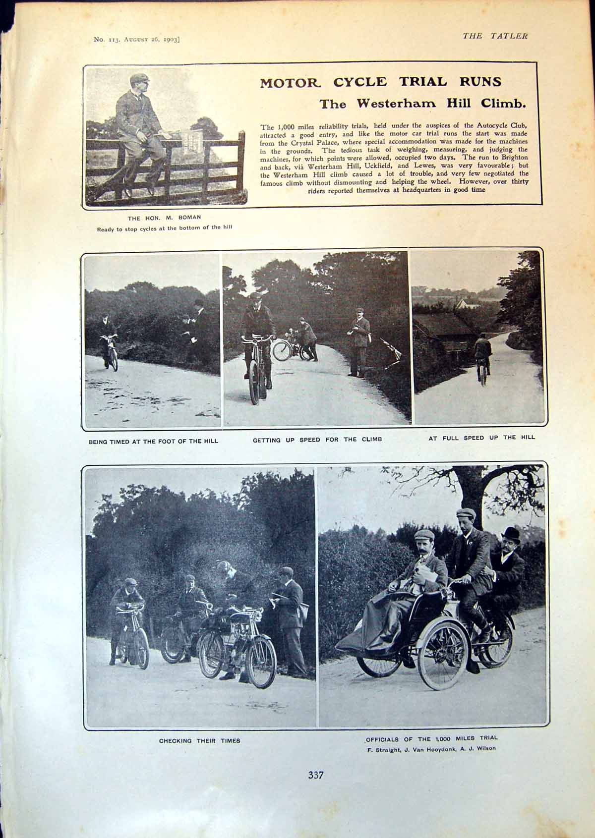 Antique Old Print Motor Cycle Trial Runs Westerham Hill Climb Hon Boman 1903