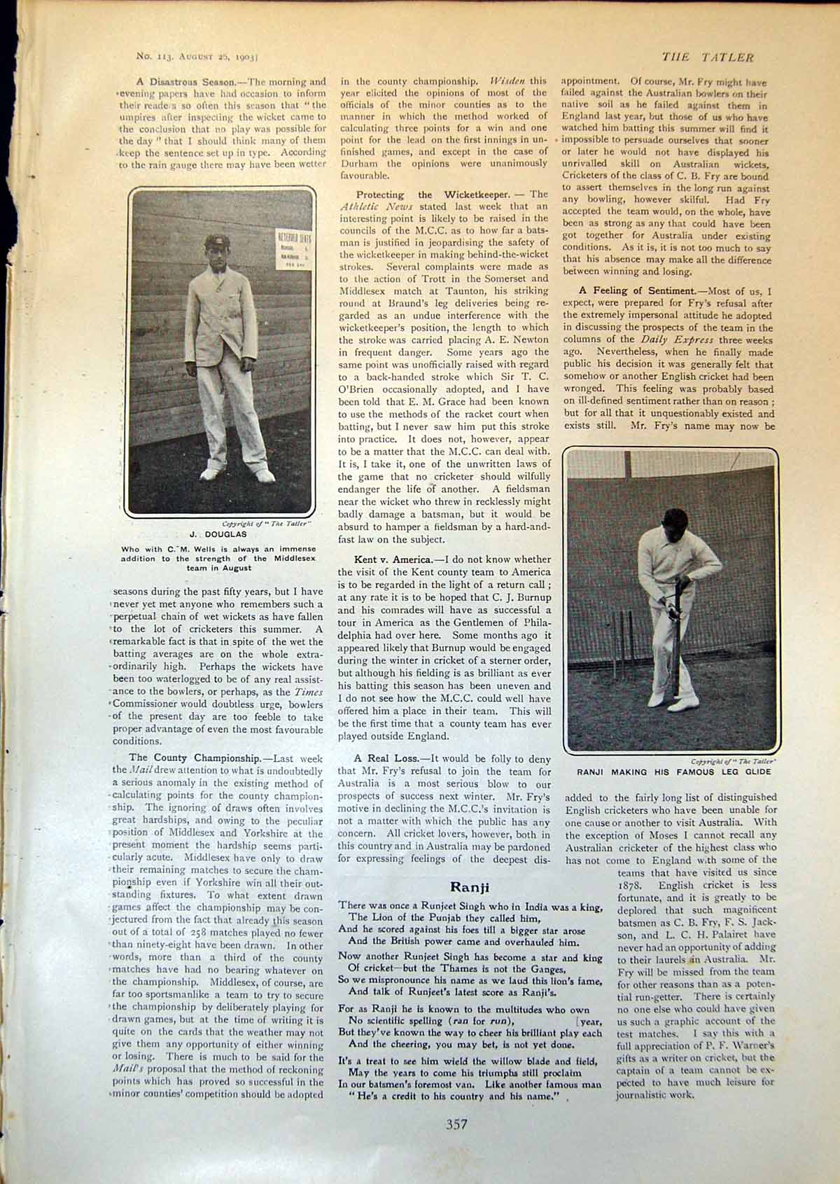 Old Print Cricket J Douglas Ranji Moravian Small Church Feetter Lane 1903 20th
