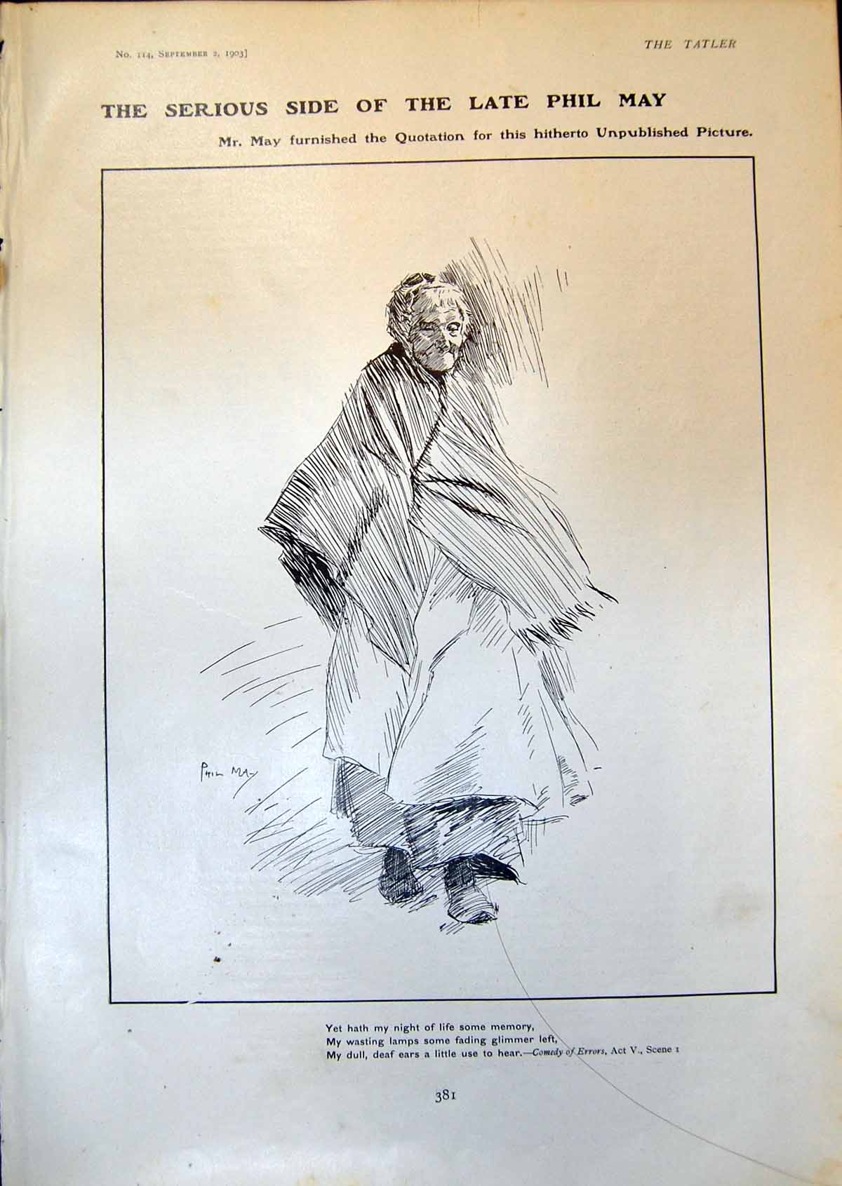 Old Antique Print Serious Side Late Phil May Picture Poem Lady Cloak 1903 20th