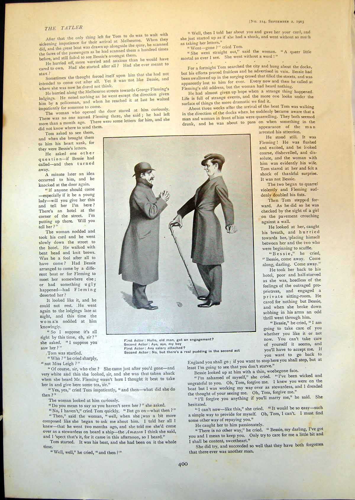Antique Old Print Two Actors Conversation Engagement Salary Pudding Act 1903