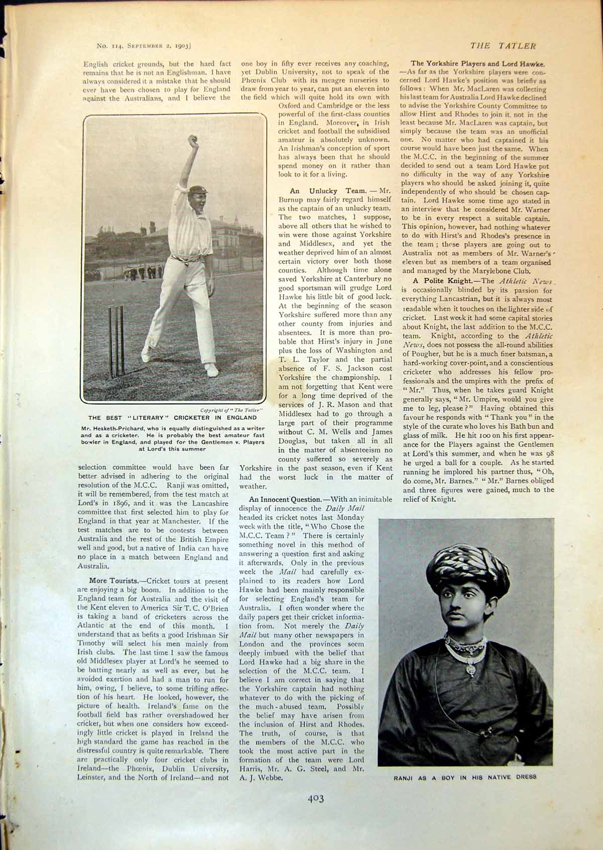 Old Cricket Hesketh-Prichard Ranji Native Dress Beehive Inn Maidenhea
