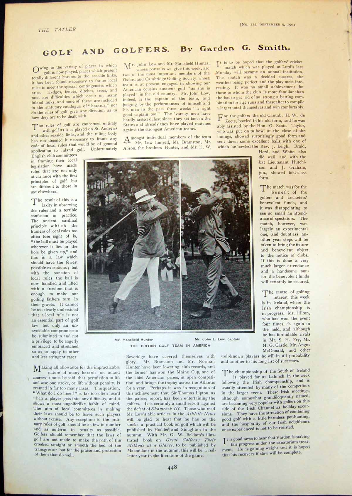 Old Golf America Mansfield Hunter John Low Cricket J Cuffe J Vine 190 20th